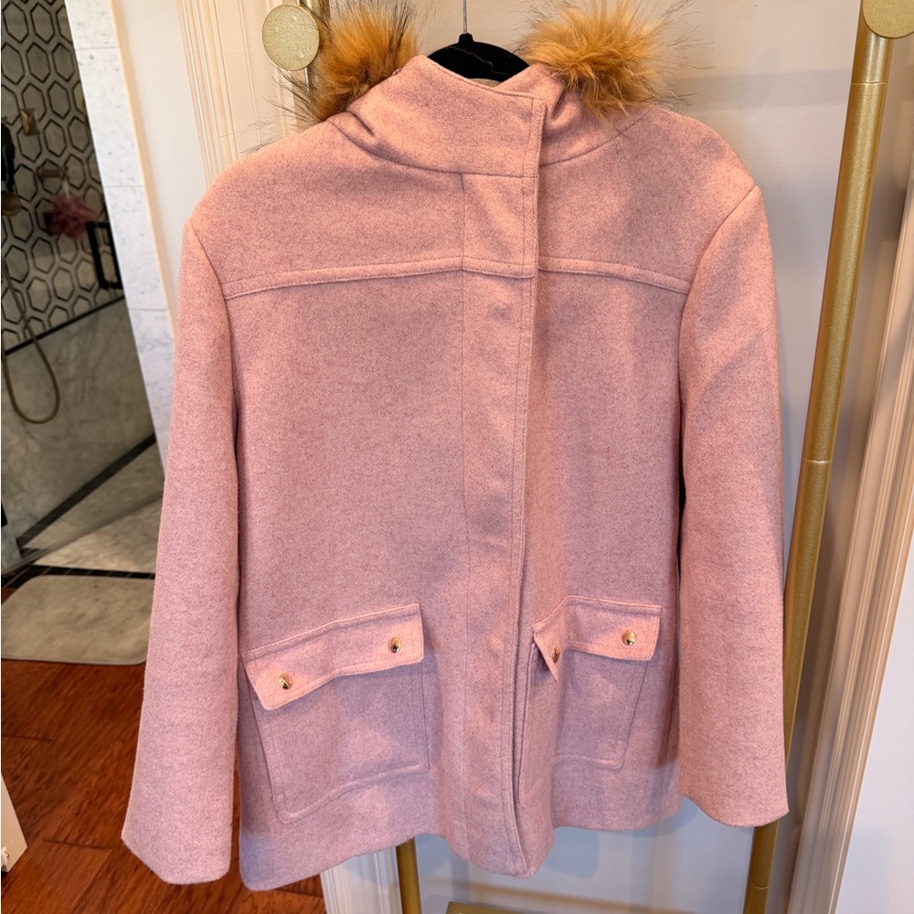 Pink Women's Jacket with Faux Fur Collar